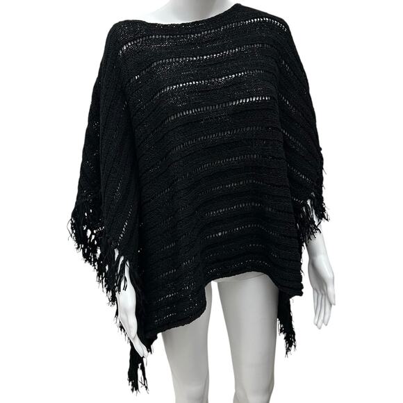 Lauren Ralph Lauren Sweaters - Lauren Ralph Lauren Asymmetrical Black Crochet Knit Tassel Fringe Poncho Shawl